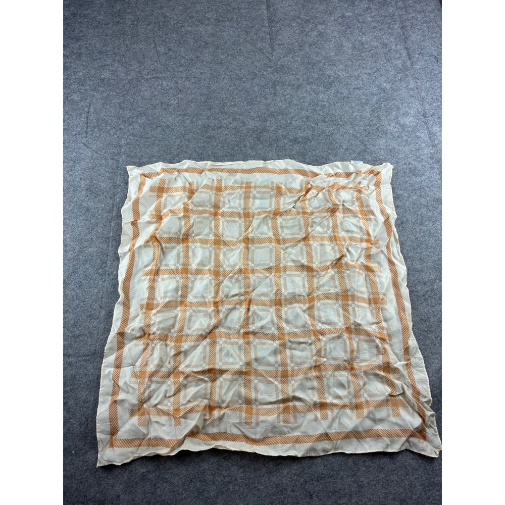 Vintage Acetate Square Scarf Orange Cream Plaid Geometric Made in Japan 21x21‎